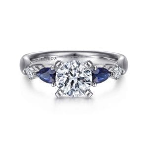 14K White Gold Round Three Stone Sapphire and Diamond Engagement Ring