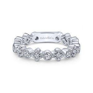14K White Gold Round and Clover Diamond Stackable Ring