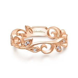 14K Rose Gold Scrolling Floral Diamond Ring