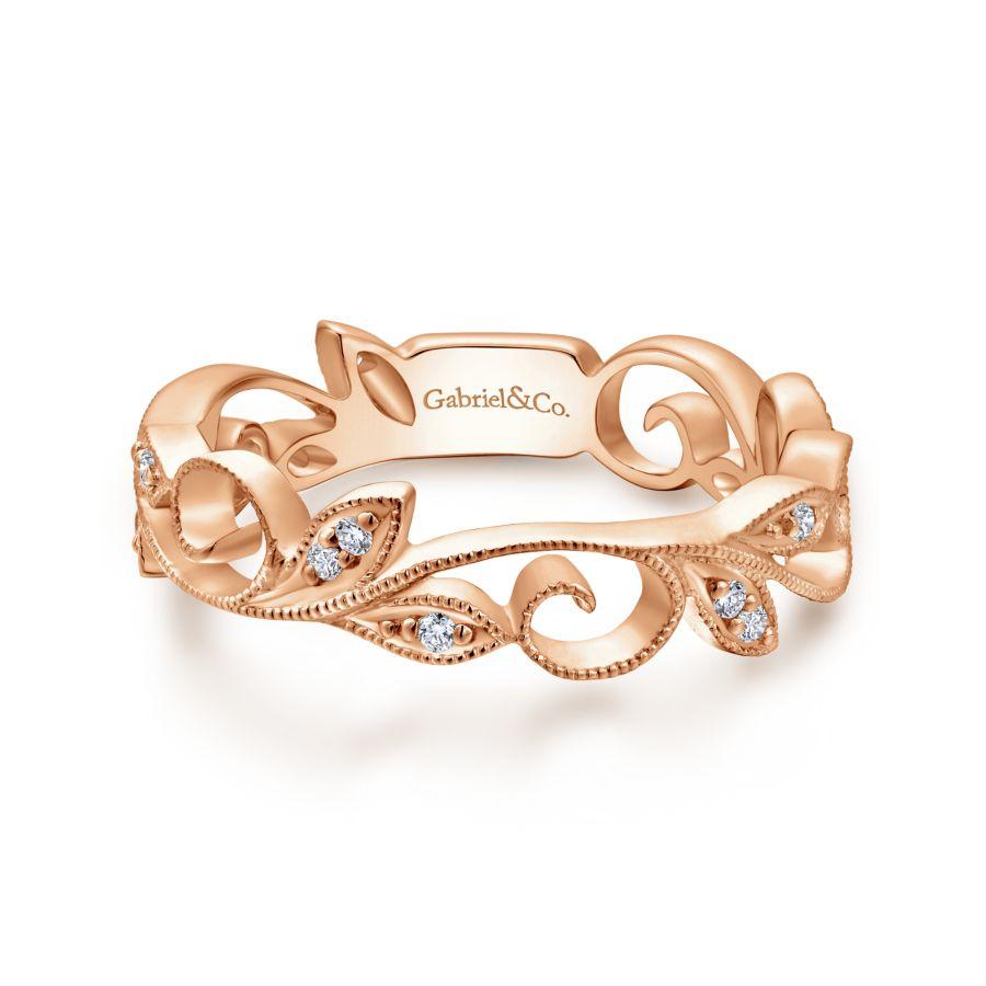 14K Rose Gold Scrolling Floral Diamond Ring