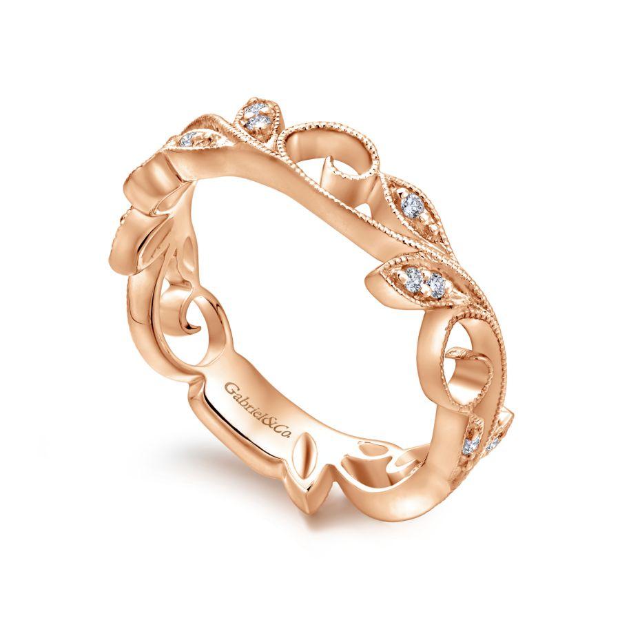 14K Rose Gold Scrolling Floral Diamond Ring - Image 3
