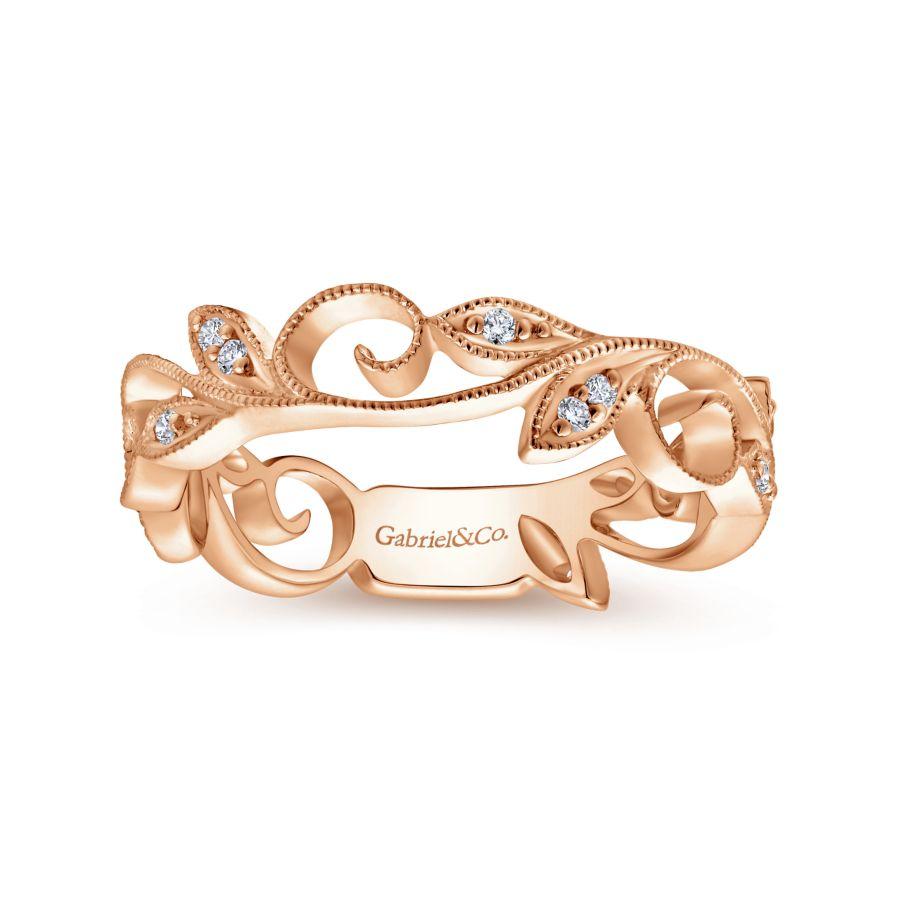 14K Rose Gold Scrolling Floral Diamond Ring - Image 4
