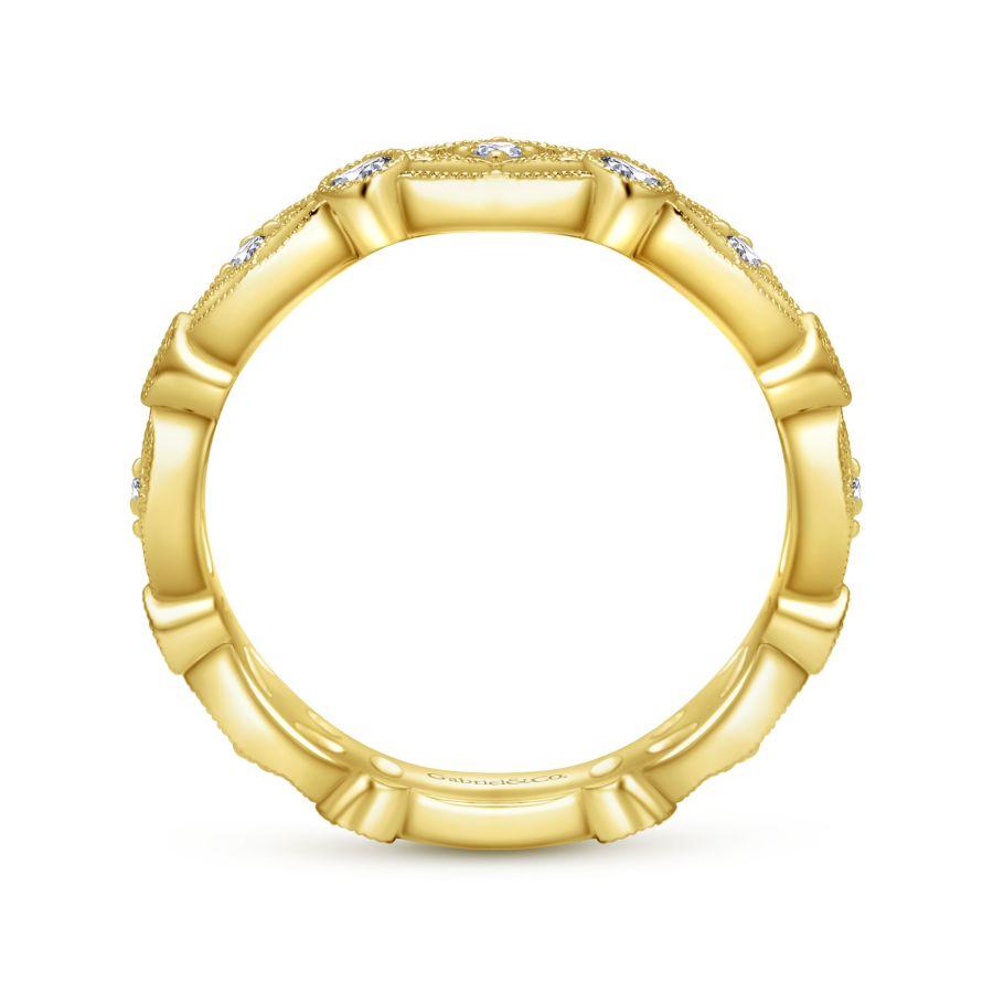 14K Yellow Gold Intricate Cutout Stackable Diamond Ring - Image 2