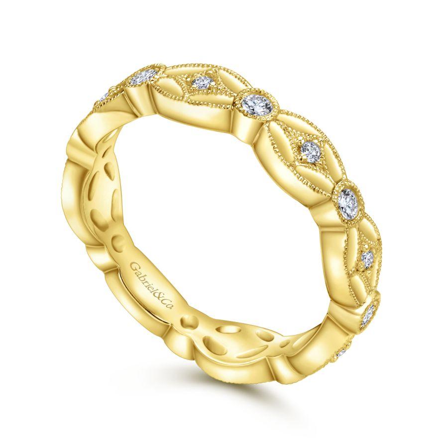 14K Yellow Gold Intricate Cutout Stackable Diamond Ring - Image 3