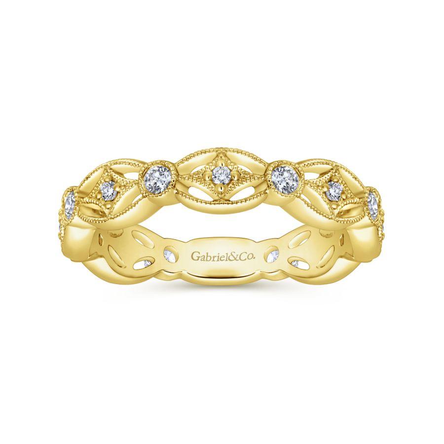 14K Yellow Gold Intricate Cutout Stackable Diamond Ring - Image 4
