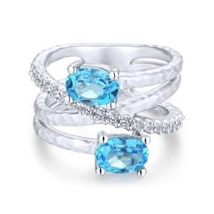925 Sterling Silver Multi Row Blue Topaz and White Sapphire Ring
