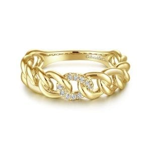 14K Yellow Gold Chain Link Ring Band with Pavé Diamond Station