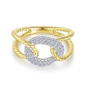 14K Yellow and White Gold Twisted Rope Link Ring with Diamond Pavé Station
