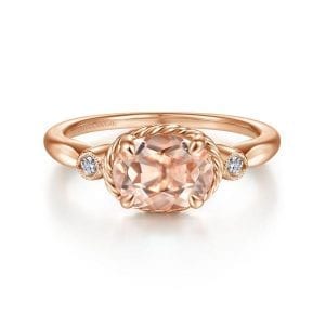 14K Rose Gold Horizontal Oval Morganite and Diamond Three Stone Ring