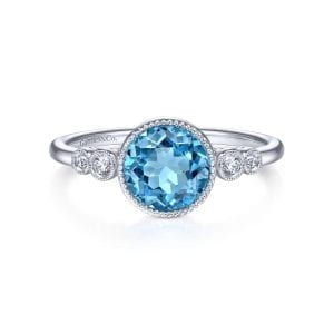 14K White Gold Round Bezel Set Blue Topaz and Diamond Ring