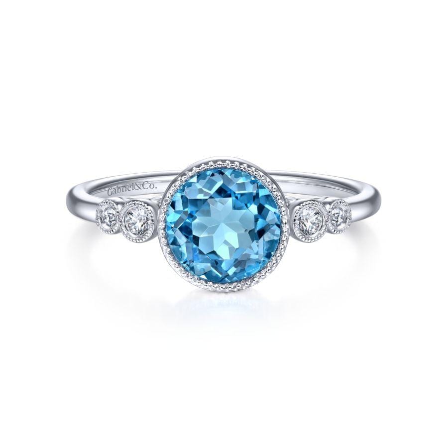 14K White Gold Round Bezel Set Blue Topaz and Diamond Ring