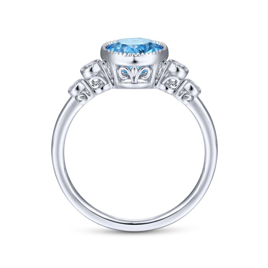 14K White Gold Round Bezel Set Blue Topaz and Diamond Ring - Image 2