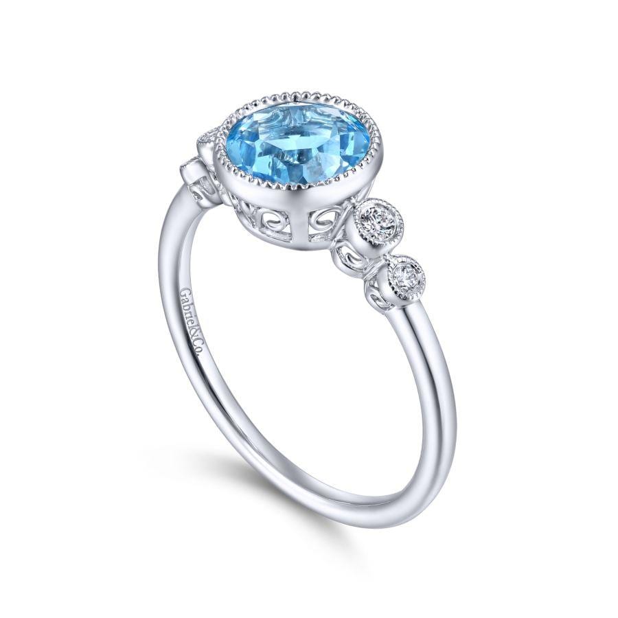 14K White Gold Round Bezel Set Blue Topaz and Diamond Ring - Image 3