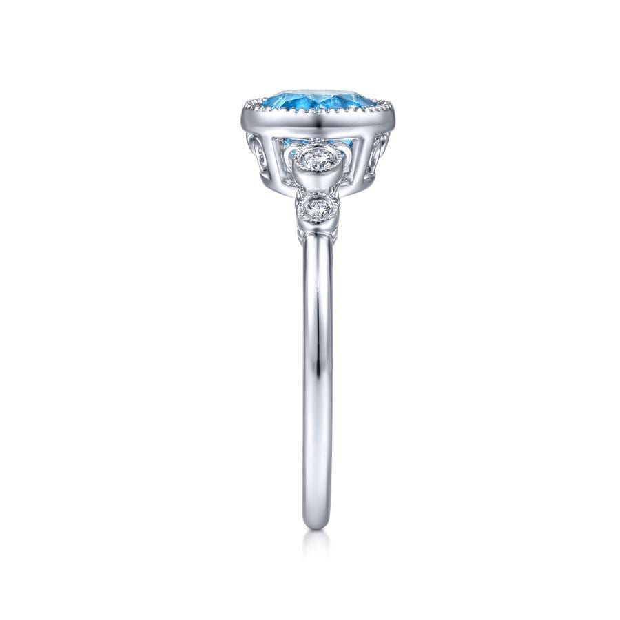 14K White Gold Round Bezel Set Blue Topaz and Diamond Ring - Image 4