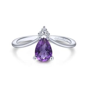 14K White Gold Teardrop Amethyst and Diamond Triangle Ring
