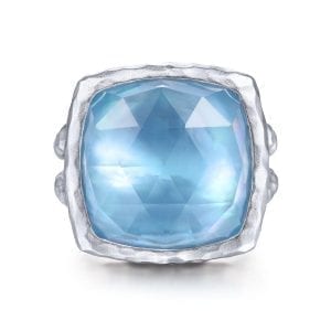 925 Sterling Silver Cushion Cut Rock Crystal/White MOP/Turquoise Ring