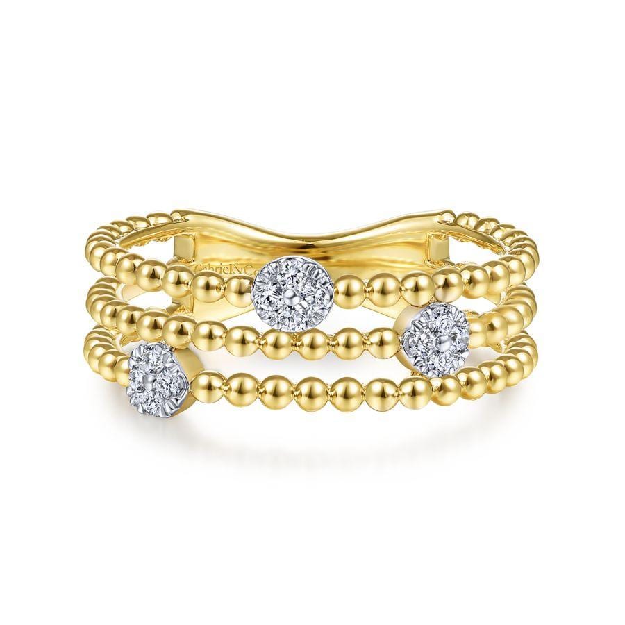 14K Yellow Gold Three Row Beaded Ring with Pavé Diamond Cluster Stations