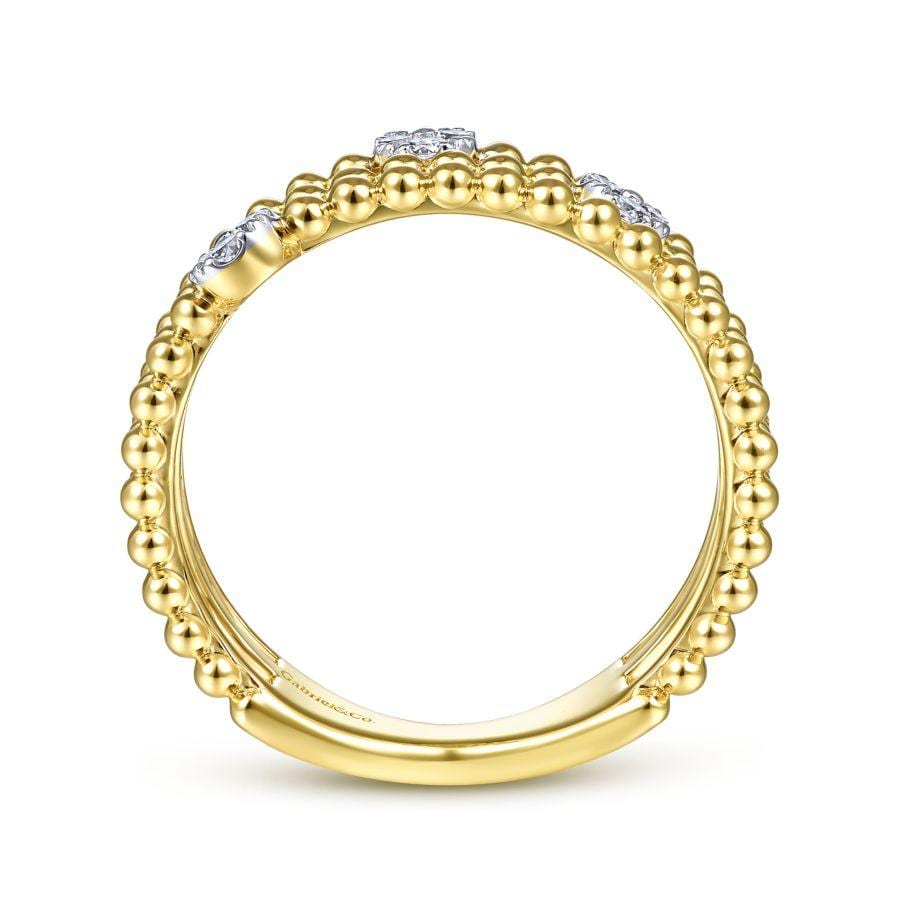 14K Yellow Gold Three Row Beaded Ring with Pavé Diamond Cluster Stations - Image 2