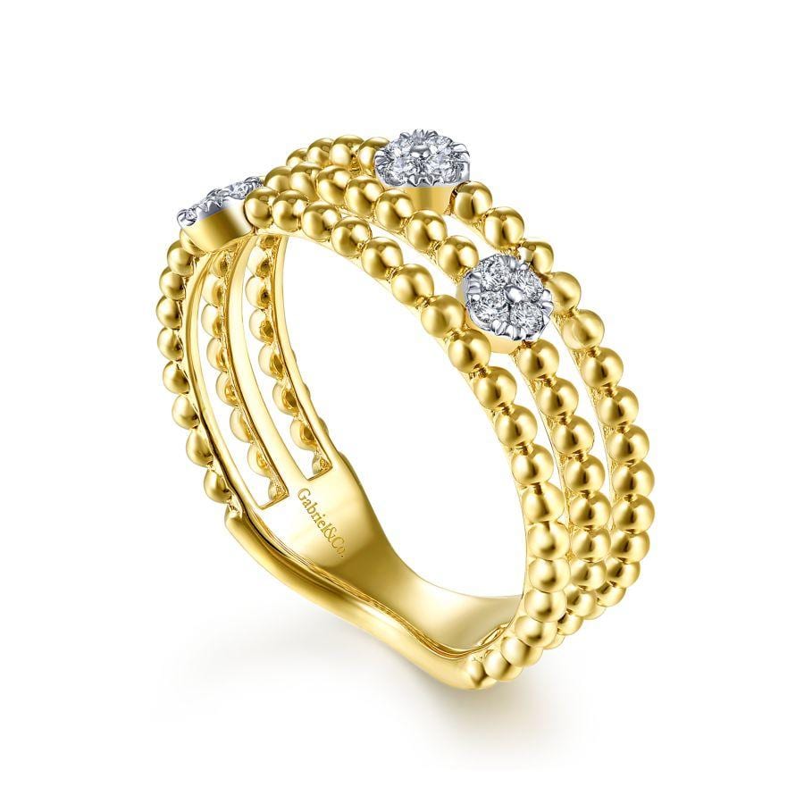 14K Yellow Gold Three Row Beaded Ring with Pavé Diamond Cluster Stations - Image 3