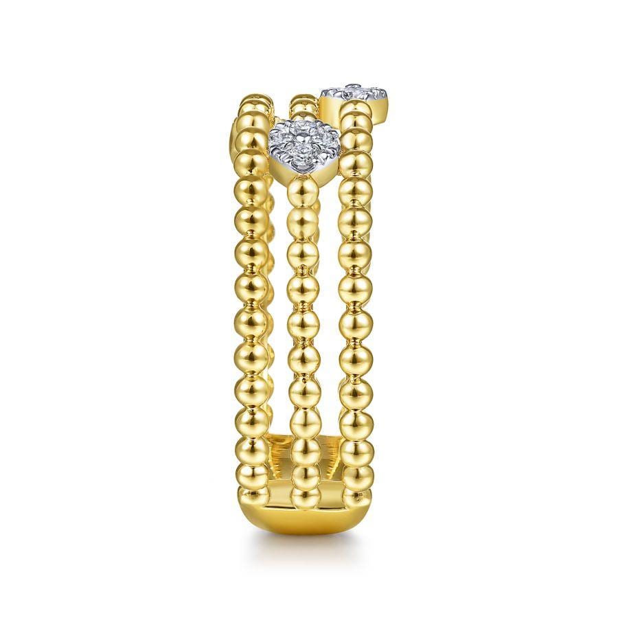 14K Yellow Gold Three Row Beaded Ring with Pavé Diamond Cluster Stations - Image 4
