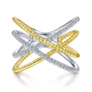 14K White-Yellow Gold Twisted Rope and Diamond Criss Cross Ring