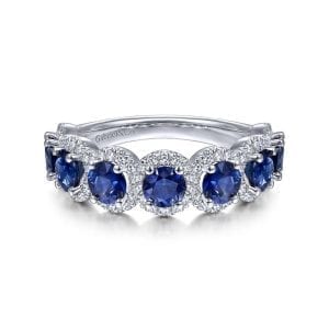 14K White Gold Round Sapphire and Diamond Halo Ring