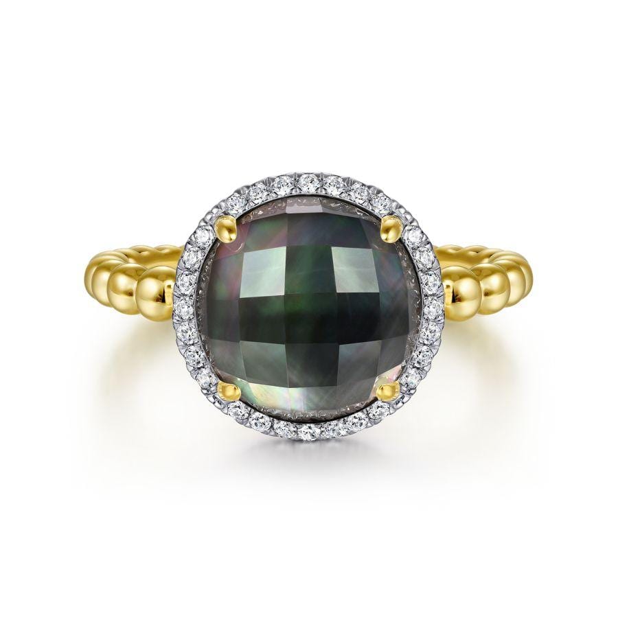 14K Yellow Gold Round Rock Crystal/Black Pearl and Diamond Halo Ring