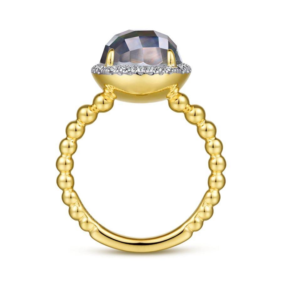 14K Yellow Gold Round Rock Crystal/Black Pearl and Diamond Halo Ring - Image 2