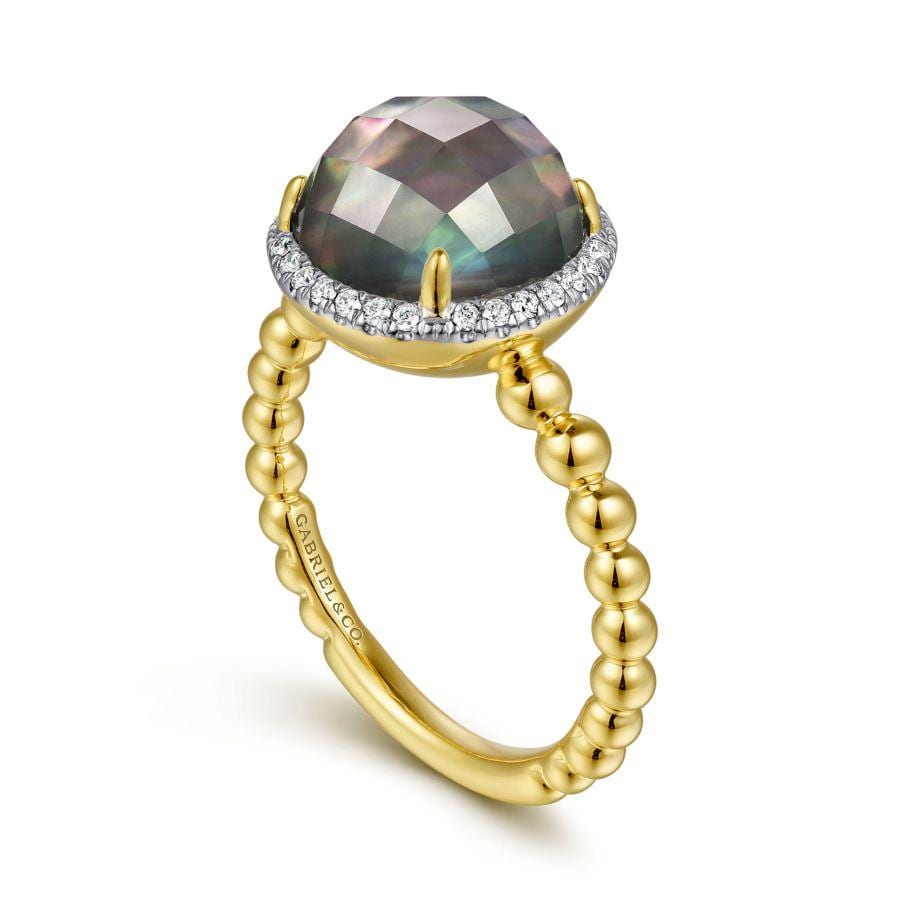 14K Yellow Gold Round Rock Crystal/Black Pearl and Diamond Halo Ring - Image 3