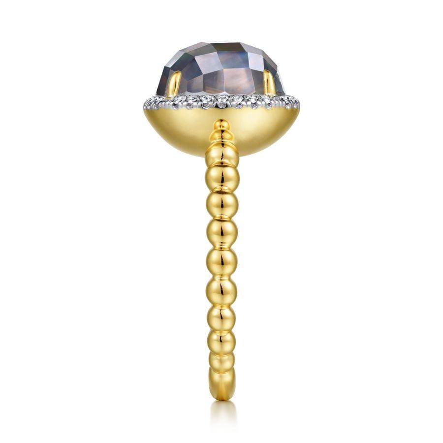 14K Yellow Gold Round Rock Crystal/Black Pearl and Diamond Halo Ring - Image 4