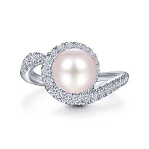 14K White Gold Pearl Ring with Curved Diamond Wrap Halo