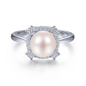 14K White Gold Pearl Ring with Diamond Halo