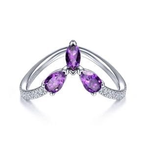 14K White Gold Amethyst and Diamond Curved V Ring
