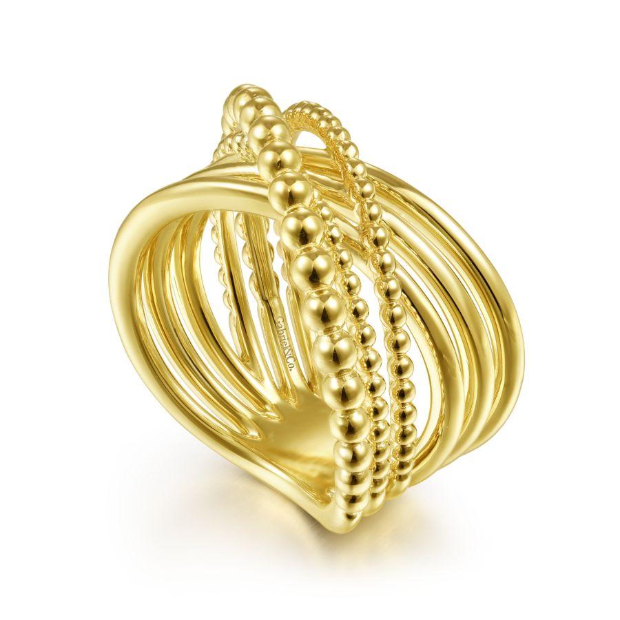 14K Yellow Gold High Polished Bujukan Bead Criss Cross Ring - Image 3