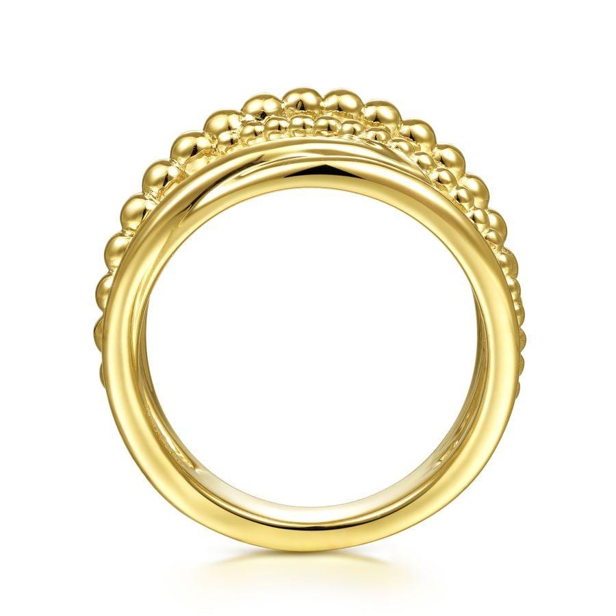 14K Yellow Gold Plain and Beaded Rows Criss Cross Ring - Image 2