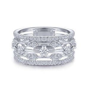 14K White Gold Wide Five Row Diamond Station Ring