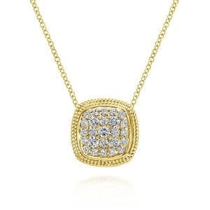 14K Yellow Gold Cushion Shape Diamond Pavé Pendant Necklace