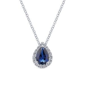 14K White Gold Pear Shaped Sapphire and Diamond Halo Pendant Necklace
