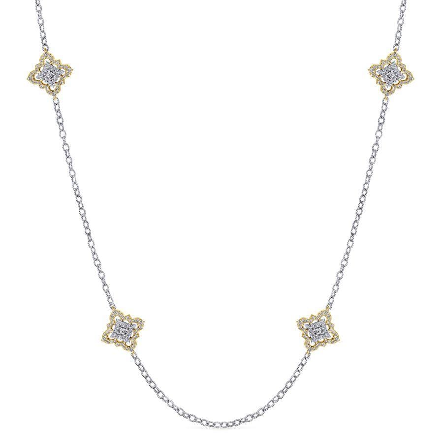 14K Yellow and White Gold Filligree and Diamond Station Necklace