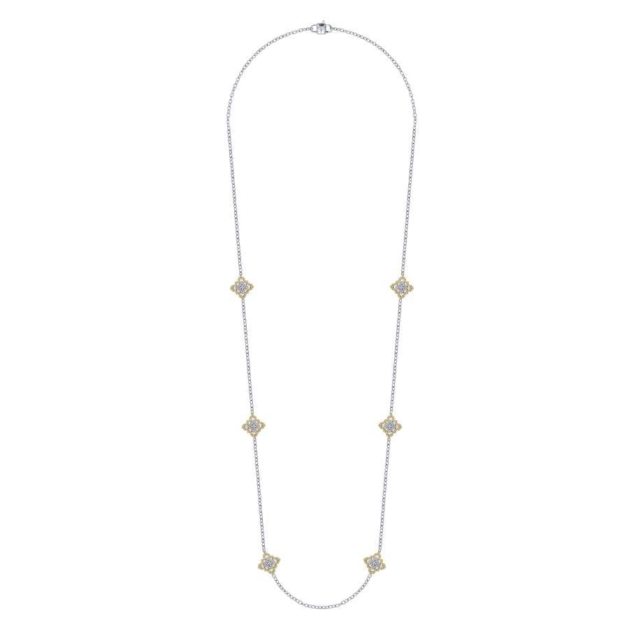 14K Yellow and White Gold Filligree and Diamond Station Necklace - Image 2
