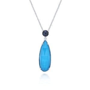 Long 925 Sterling Silver Rock Crystal/Turquoise Teardrop Pendant with Sapphire