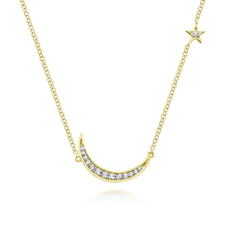 14K Yellow Gold Crescent Moon Diamond Pendant Necklace