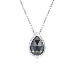 925 Sterling Silver Hammered Pear Shaped Rock Crystal / Black Mother of Pearl Pendant Necklace