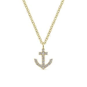 14K Yellow Gold Diamond Anchor Pendant Necklace