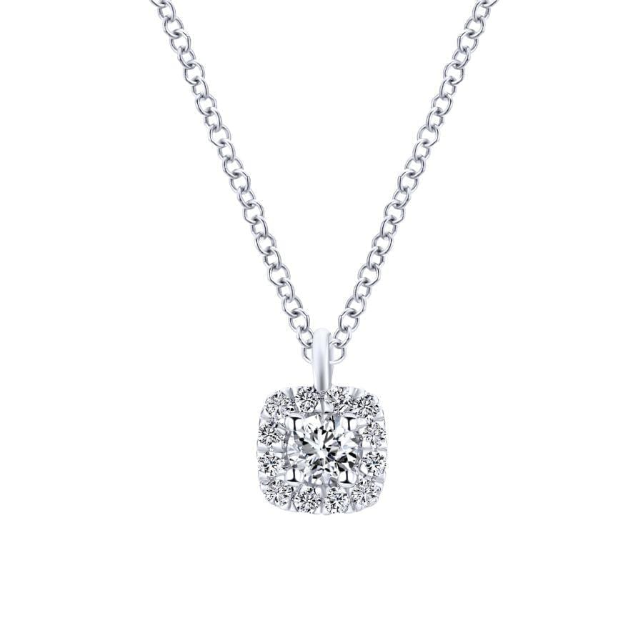 14K White Gold Cushion Halo Round Diamond Pendant Necklace