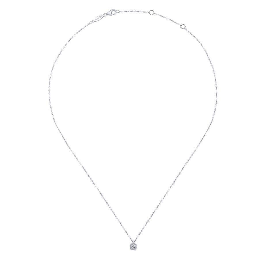 14K White Gold Cushion Halo Round Diamond Pendant Necklace - Image 2
