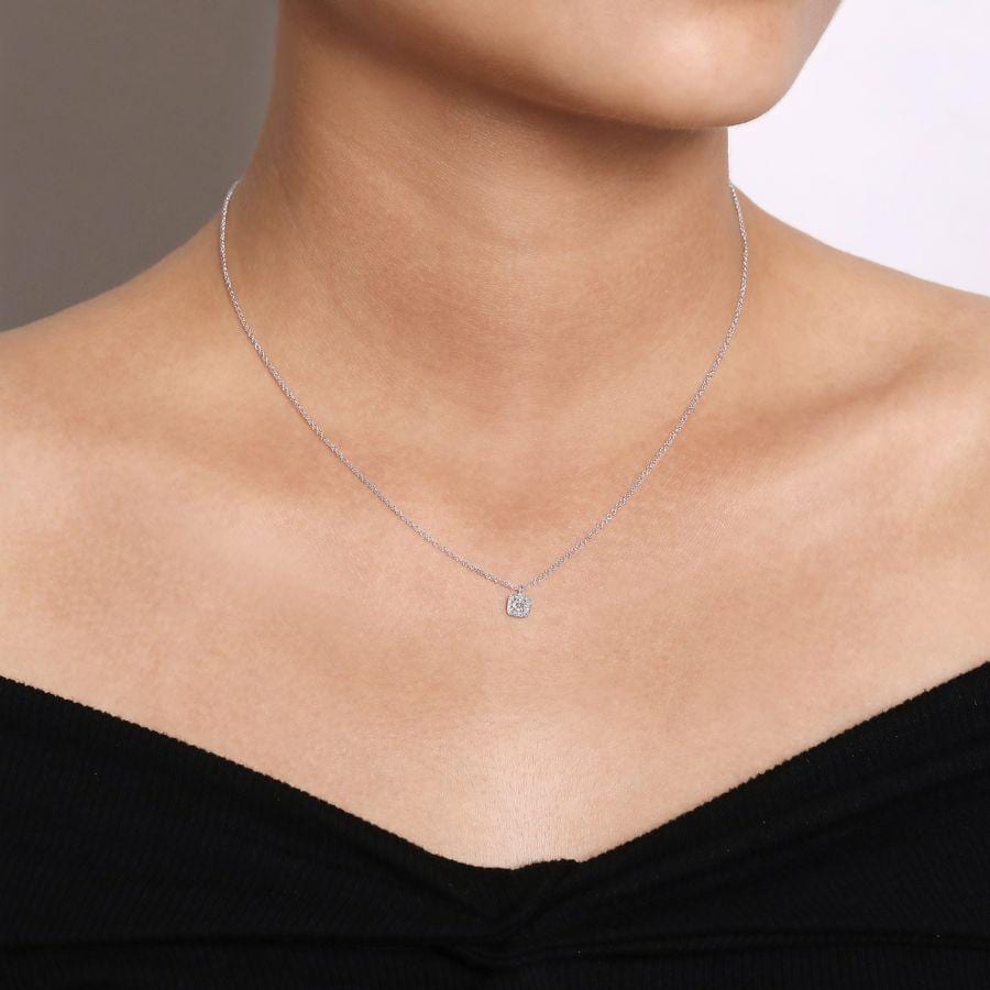 14K White Gold Cushion Halo Round Diamond Pendant Necklace - Image 3