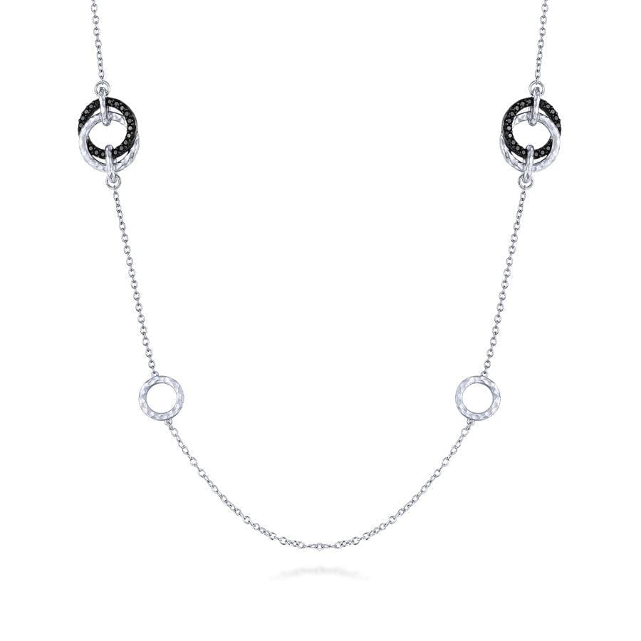 925 Sterling Silver Necklace with Black Spinel and Hammered Circle Stations