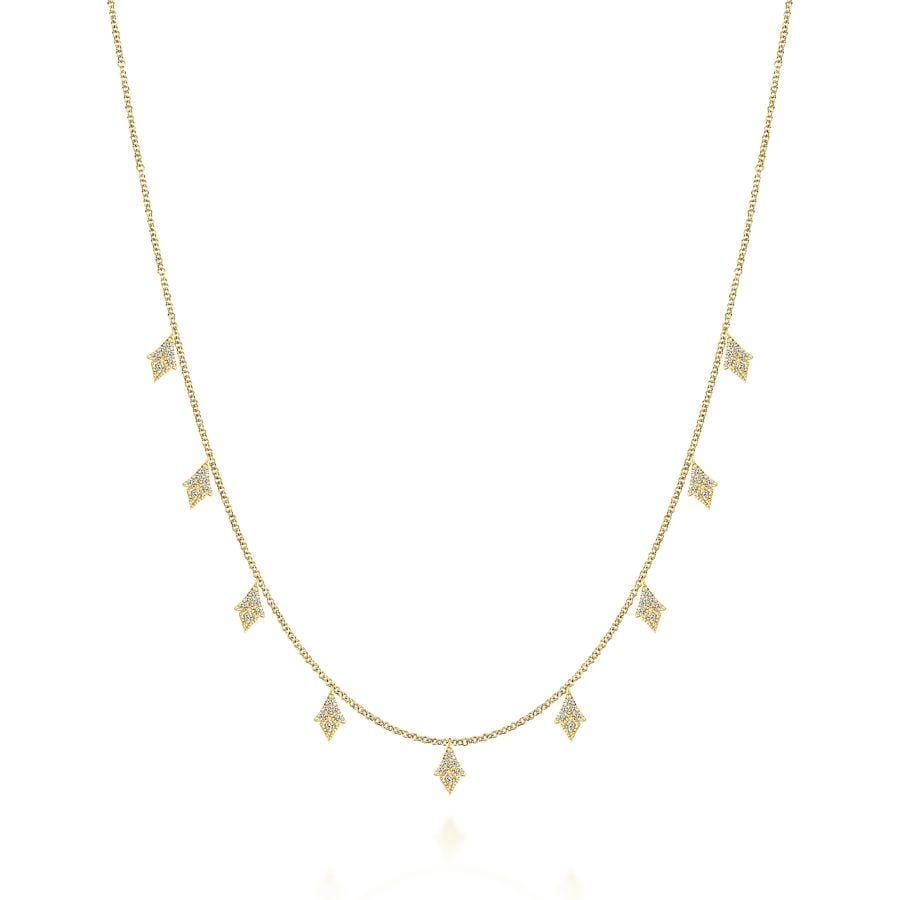 14K Yellow Gold Diamond Cluster Drop Station Necklace