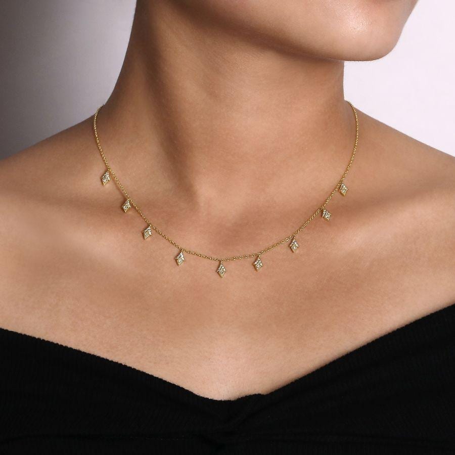 14K Yellow Gold Diamond Cluster Drop Station Necklace - Image 3